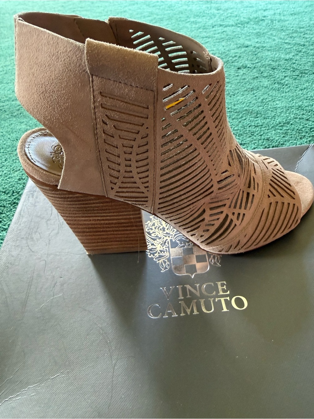 Vince Camuto Taupe Laser-Cut Peep-Toe Wedge Bootie